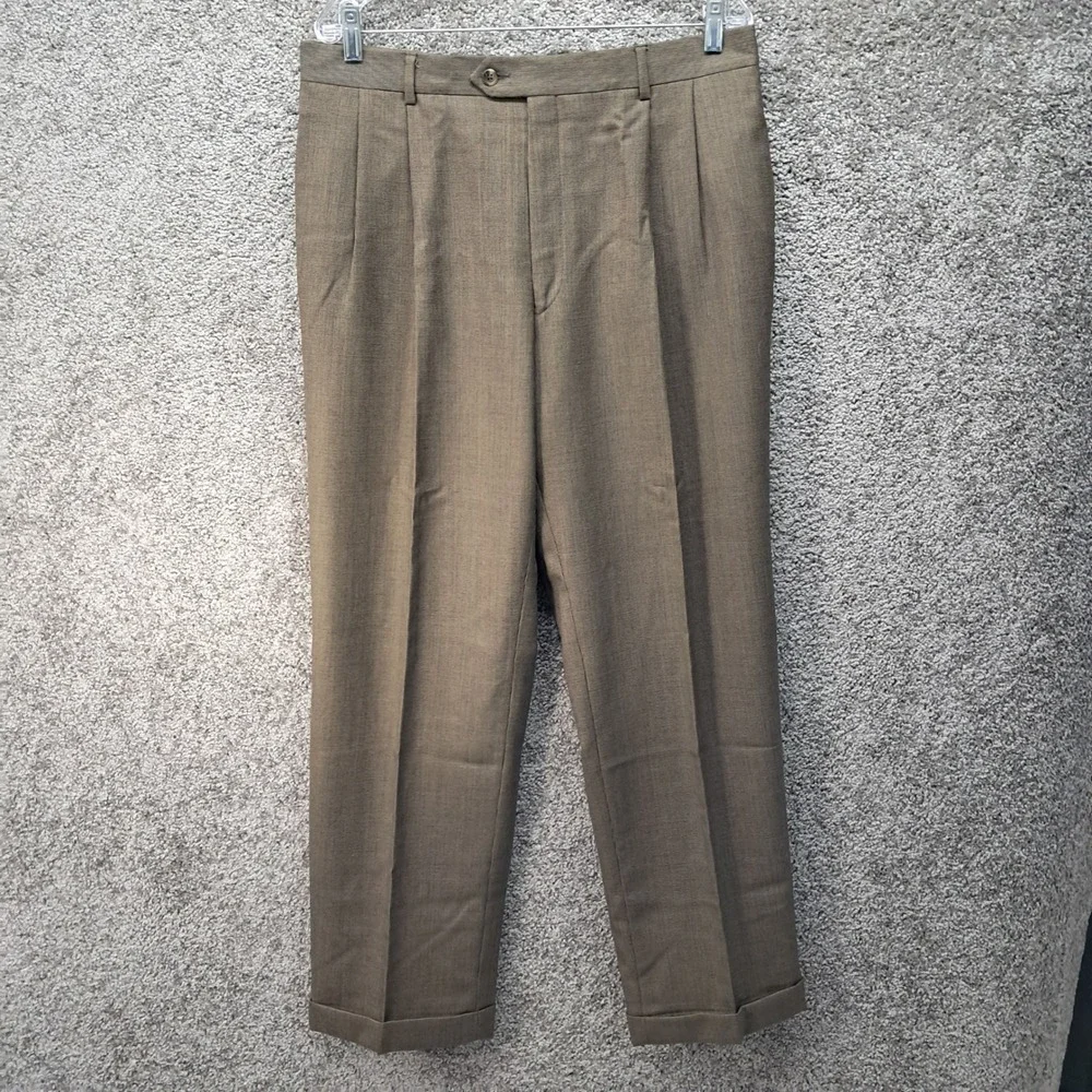 Jos. A. Bank Mens Brown Micro Houndstooth Pleated Cuffed Dress Pants 36x31